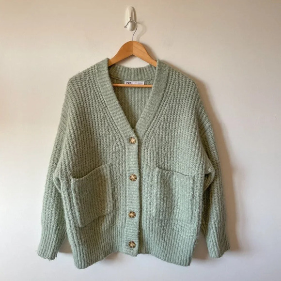 Zara Light Blue/green oversized  Cardigan Sweater, size small with pockets - Picture 6 of 11